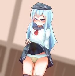 Rule 34 | 1girl, anchor symbol, black hat, black sailor collar, black skirt, black thighhighs, blue eyes, blue hair, blush, cameltoe, closed mouth, clothes lift, dutch angle, embarrassed, female focus, flat chest, half-closed eyes, hand up, hat, hibiki (kancolle), indoors, kantai collection, legs together, lifted by self, long hair, long sleeves, looking down, lowres, miniskirt, neckerchief, nose blush, panties, peeing, peeing self, pleated skirt, red neckerchief, sailor collar, school uniform, serafuku, shirt, skirt, skirt lift, solo, standing, tako238, tears, thighhighs, underwear, wet, wet clothes, wet panties, white panties, white shirt