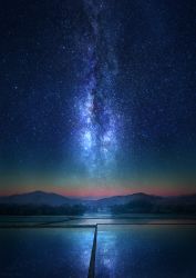 Rule 34 | building, commentary, forest, highres, house, landscape, milky way, mks, mountain, mountainous horizon, nature, night, night sky, no humans, original, reflection, rice paddy, rural, scenery, sky, star (sky), starry sky