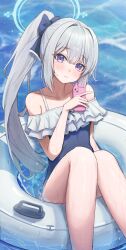 Rule 34 | 1girl, absurdres, blue archive, blue background, blue bow, blue one-piece swimsuit, blush, bow, cellphone, closed mouth, frilled one-piece swimsuit, frills, hair bow, halo, highres, holding, holding phone, icetea774, innertube, long hair, looking at viewer, miyako (blue archive), miyako (swimsuit) (blue archive), ocean, one-piece swimsuit, phone, ponytail, purple eyes, smartphone, solo, sweat, swim ring, swimsuit, water, white hair