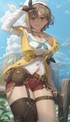 Rule 34 | 1girl, absurdres, atelier (series), atelier ryza, atelier ryza 2, belt, beret, blue sky, boots, braid, breasts, brown belt, brown eyes, brown hair, brown legwear, cleavage, cloud, collarbone, commentary, earrings, free style (yohan1754), grin, hair ornament, hat, highres, jewelry, key, key necklace, large breasts, looking at viewer, necklace, pouch, red shorts, reisalin stout, short hair, short shorts, shorts, side braid, sky, smile, solo, star (symbol), star necklace, thighs, white hat, white legwear