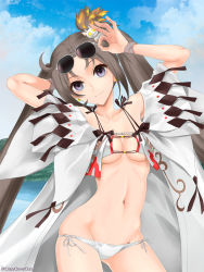 Rule 34 | 1girl, bare shoulders, bikini, blue sky, breasts, brown hair, cleavage, closed mouth, collarbone, earrings, eyewear on head, fate/grand order, fate (series), grey eyes, hair ornament, highres, jewelry, long hair, looking at viewer, medium breasts, multiple earrings, navel, open clothes, robe, shirotsumekusa, sky, smile, sunglasses, swimsuit, thighs, twintails, very long hair, white bikini, yu mei-ren (fate), yu mei-ren (swimsuit lancer) (fate)