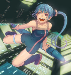 Rule 34 | :d, bare shoulders, blue hair, boots, long hair, open mouth, oversized object, pixiv, pixiv-tan, red eyes, side ponytail, smile, solo, stylus, tanuki koubou, thigh strap, unitard