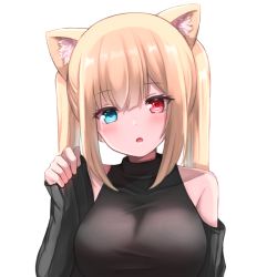 Rule 34 | 1girl, animal ear fluff, animal ears, bare shoulders, black shirt, blonde hair, blue eyes, blush, breasts, commentary request, covered collarbone, hair between eyes, hand up, heterochromia, long hair, long sleeves, looking at viewer, medium breasts, original, parted lips, red eyes, shibakame, shirt, sidelocks, simple background, sleeveless, sleeveless shirt, sleeves past wrists, solo, twintails, upper body, white background