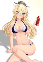 Rule 34 | 1girl, bikini, blonde hair, blue eyes, breasts, cleavage, feet out of frame, headgear, iowa (kancolle), kantai collection, large breasts, looking at viewer, lotion, sei (6862879), simple background, sitting, smile, solo, star-shaped pupils, star (symbol), sunscreen, swimsuit, symbol-shaped pupils, two-tone bikini, white background