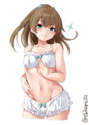 Rule 34 | 1girl, aqua eyes, blush, breasts, brown hair, cowboy shot, ebifurya, frills, hair ribbon, highres, kantai collection, kumano (kancolle), long hair, navel, one-hour drawing challenge, ponytail, ribbon, simple background, small breasts, smile, stomach, twitter username, underwear, underwear only, white background