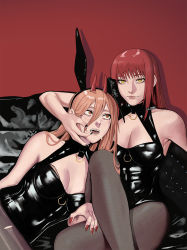 Rule 34 | 2girls, alternate costume, alternate hairstyle, animal ears, artist name, bad id, bad twitter id, bare shoulders, blush, breasts, brown hair, chainsaw man, cleavage, couch, crossed legs, fake animal ears, fingernails, fingers on another&#039;s face, gud0c, hair between eyes, half-closed eyes, highres, horns, latex, long hair, looking at another, looking at viewer, makima (chainsaw man), medium breasts, multiple girls, nail polish, o-ring, orange eyes, pantyhose, parted lips, power (chainsaw man), rabbit ears, red background, red hair, red horns, red nails, sharp fingernails, sharp teeth, shiny clothes, sidelocks, simple background, sitting, teeth, torn clothes, yellow eyes