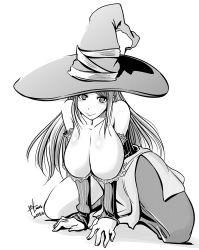 Rule 34 | 1girl, bare shoulders, breasts, cleavage, curvy, detached sleeves, dragon&#039;s crown, female focus, hat, huge breasts, kneeling, long hair, monochrome, patimon, simple background, solo, sorceress (dragon&#039;s crown), white background, witch hat