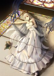 Rule 34 | 1girl, anastasia (fate), bad proportions, bare shoulders, blue eyes, dress, fate/grand order, fate (series), highres, long hair, looking at viewer, on floor, shadow, silver hair, solo, very long hair, white dress, white footwear, zhi wozi