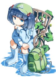 Rule 34 | 1girl, backpack, unworn backpack, bag, unworn bag, blue eyes, blue footwear, blue hair, blunt bangs, boots, chair, cucumber, dress, dress shirt, full body, hair bobbles, hair ornament, hand on own chin, hat, head rest, ivy, jitome, kawashiro nitori, key, leaf, long sleeves, matching hair/eyes, monosenbei, on chair, on water, plant, pocket, ripples, rubber boots, shirt, short hair, sitting, skirt, skirt set, smile, solo, touhou, two side up, water