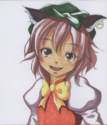 Rule 34 | 1girl, animal ears, bad id, bad pixiv id, brown eyes, brown hair, cat ears, cat girl, chen, earrings, female focus, hat, highres, jewelry, marker (medium), open mouth, scan, scan artifacts, shikishi, smile, solo, touhou, traditional media, tsukishiro saika