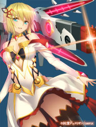 Rule 34 | 1girl, aqua eyes, bare shoulders, blonde hair, clothing cutout, copyright name, dress, energy gun, hair ornament, jewelry, junketsu duelion, laser rifle, lots of jewelry, mecha musume, mil valentin, official art, open mouth, pointy ears, short hair, side cutout, solo, thighhighs, watermark, weapon, yangsion