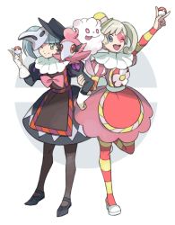 Rule 34 | 2girls, ;), ;d, blonde hair, blue eyes, brown eyes, creatures (company), dress, game freak, gen 6 pokemon, gloves, grey hair, hat, holding, holding poke ball, multiple girls, nintendo, nishihara isao, one eye closed, open mouth, pantyhose, parody, plague doctor mask, poke ball, poke ball (basic), pokemon, pokemon (creature), smile, spritzee, striped clothes, striped legwear, striped pantyhose, style parody, sugimori ken (style), swirlix, twintails, white gloves