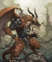 Rule 34 | 10s, 1boy, armor, army, artist request, blue eyes, castle, chain, claws, cuffs, cygames, dragon, dragon horns, dragon tail, dragon warrior, dragon wings, horns, official art, open mouth, scales, shackles, shadowverse, shingeki no bahamut, tail, teeth, wings