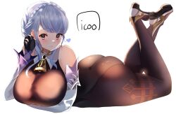 Rule 34 | 1girl, artist name, ass, ass focus, bare shoulders, blue hair, bodysuit, breasts, brown eyes, cosplay, detached sleeves, fire emblem, fire emblem: three houses, ganyu (genshin impact), ganyu (genshin impact) (cosplay), genshin impact, gloves, half updo, highres, huge ass, icoo, large breasts, leotard, long hair, looking at viewer, lying, marianne von edmund, nintendo, on stomach, pantyhose, skin tight, smile, solo, thick thighs, thighs