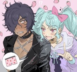 Rule 34 | 1boy, 1girl, black collar, black jacket, blue hair, blush, bow, clenched teeth, collar, commentary request, constricted pupils, dark-skinned male, dark skin, embarrassed, food, food print, fruit, grey shirt, hair bow, hair over one eye, hand up, highres, hood, hoodie, idol land pripara, index finger raised, jacket, katasumi amari, long hair, long sleeves, looking at another, male underwear, mario (pripara), musical note, nose blush, open clothes, open jacket, open mouth, pectorals, pink background, pink bow, pretty series, print male underwear, pripara, purple hoodie, red eyes, shirt, short hair, smile, spoken object, strawberry, strawberry print, sweatdrop, teasing, teeth, twintails, underwear, upper body, yumei (jigoku101)