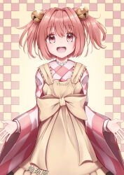 Rule 34 | 1girl, absurdres, apron, bell, character name, checkered background, checkered clothes, checkered kimono, clothes writing, hair bell, hair ornament, highres, japanese clothes, kimono, long sleeves, looking at viewer, messiah &amp; crea, motoori kosuzu, open mouth, orange eyes, orange hair, solo, touhou, two side up, wide sleeves, yellow apron, yellow background