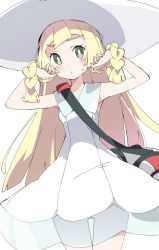 Rule 34 | 1girl, blonde hair, braid, creatures (company), dress, game freak, green eyes, hat, holding, holding hair, ixy, lillie (pokemon), long hair, looking at viewer, nintendo, pokemon, pokemon sm, see-through, simple background, solo, twin braids, white background, white dress, white hat