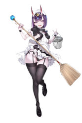 Rule 34 | 1girl, absurdres, alternate costume, apron, black footwear, black thighhighs, blush, bob cut, breasts, broom, commentary request, dress, fangs, fate/grand order, fate (series), female focus, frills, full body, garter straps, headpiece, highres, horns, lips, looking at viewer, maid, maid apron, maid headdress, nekometaru, oni, open mouth, purple eyes, purple hair, revealing clothes, short eyebrows, short hair, short sleeves, shuten douji (fate), simple background, skin-covered horns, skirt, small breasts, smile, solo, thighhighs, waist apron, white background, wrist cuffs