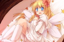 Rule 34 | 1girl, blonde hair, blush, capelet, dress, female focus, highres, leaf, lily white, long hair, lzh, maple leaf, own hands together, solo, touhou, wings, yellow eyes