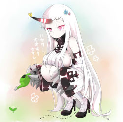 Rule 34 | 10s, 1girl, abyssal ship, ant, bare shoulders, blush, boots, breasts, bug, butterfly, butterfly on head, claws, detached sleeves, dress, flower, hair flower, hair ornament, high heels, horns, insect, kamu (geeenius), kantai collection, large breasts, long hair, pale skin, red eyes, ribbed dress, seaport princess, short dress, sideboob, single horn, smile, solo, squatting, translation request, very long hair, watering can, white hair