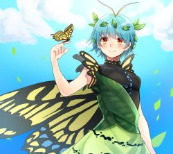 Rule 34 | 1girl, animal, antennae, aqua hair, blush, bug, butterfly, butterfly wings, day, dress, eternity larva, fairy, green dress, hair between eyes, highres, insect, insect wings, leaf, leaf on head, multicolored clothes, multicolored dress, nr myt, short hair, single strap, solo, touhou, upper body, wings, yellow eyes