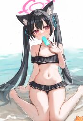 Rule 34 | 1girl, absurdres, animal, animal ears, bare arms, bare legs, bare shoulders, barefoot, beach, bikini, black bikini, black hair, blue archive, blush, cat ears, collarbone, commentary request, fanteam, flat chest, food, frilled bikini, frills, hair between eyes, halo, highres, holding, holding food, long hair, looking at viewer, navel, ocean, official alternate costume, partial commentary, pink halo, popsicle, red eyes, serika (blue archive), serika (swimsuit) (blue archive), shore, sitting, solo, starfish, swimsuit, twintails, wariza