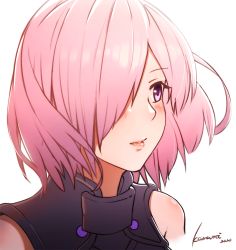 1girl armored_leotard bare_shoulders black_leotard blush commentary_request fate/grand_order fate_(series) hair_over_one_eye kosumi leotard looking_away mash_kyrielight parted_bangs pink_hair purple_eyes resolution_mismatch short_hair signature simple_background solo source_smaller upper_body white_background