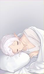 Rule 34 | 1girl, absurdres, bed, bed sheet, closed eyes, closed mouth, elf, ewz, highres, light smile, mushoku tensei, nightgown, on bed, pillow, pointy ears, short hair, sleeping, solo, sylphiette (mushoku tensei), white hair