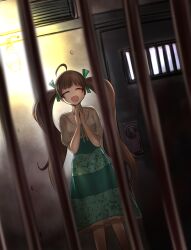 Rule 34 | 1girl, ahoge, breasts, brown hair, closed eyes, commentary, door, dutch angle, green skirt, hakozaki serika, highres, idolmaster, idolmaster million live!, kotori ryou, light bulb, long hair, medium breasts, open mouth, own hands together, pov, prison cell, see-through, see-through skirt, skirt, smile, solo, twintails