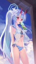 Rule 34 | 1girl, bikini, bikini under clothes, blue archive, blue hair, bottle, breasts, chise (blue archive), chise (swimsuit) (blue archive), cloud, day, drinking, duplicate, flower, hair flower, hair ornament, halo, highres, holding, holding bottle, horns, konatsu hare, long hair, navel, oni, oni horns, outdoors, pixel-perfect duplicate, ramune, red eyes, see-through, shirt, side-tie bikini bottom, side ponytail, sky, sleeveless, sleeveless shirt, small breasts, solo, striped bikini, striped clothes, swimsuit, thighs, very long hair, white shirt