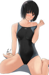 Rule 34 | 1girl, amagami, barefoot, black hair, black one-piece swimsuit, bob cut, breasts, brown eyes, clothes pull, competition swimsuit, highres, looking at viewer, nanasaki ai, one-piece swimsuit, one-piece swimsuit pull, short hair, signature, simple background, small breasts, solo, swimsuit, tan, tanline, white background, yoo tenchi