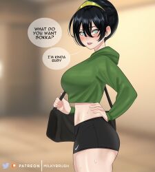 Rule 34 | 1girl, aged up, alternate breast size, alternate costume, avatar: the last airbender, avatar legends, bag, black hair, blush, cropped hoodie, duffel bag, english text, from side, furrowed brow, green hoodie, grey eyes, gym shorts, hair bun, hair ornament, hand on own hip, highres, hood, hoodie, looking at viewer, looking to the side, midriff, milkybrush, nike (company), short hair, short shorts, shorts, solo, speech bubble, sweat, toph bei fong