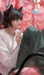 Rule 34 | 1boy, animal ears, baggy pants, black eyes, black hair, blurry, blurry foreground, cat boy, cat ears, cat tail, death note, feet out of frame, grey pants, hair between eyes, jnkku, kemonomimi mode, l (death note), long sleeves, looking up, male focus, pants, shirt, short hair, sitting, solo, spiked hair, tail, white shirt