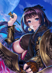 Rule 34 | 1girl, arrow (projectile), bad id, bad pixiv id, between fingers, black hair, blue eyes, blush, bow (weapon), breasts, brown gloves, ear ornament, fingerless gloves, gloves, grace (terra battle), hair ornament, highres, holding, large breasts, long hair, parted lips, shield, simosi, smile, solo, terra battle, unbuttoned, weapon