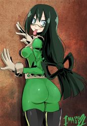 Rule 34 | 10s, 1girl, against wall, artist name, ass, asui tsuyu, belt, blush, bodysuit, boku no hero academia, boots, breasts, eyelashes, facial mark, from behind, gloves, green eyes, green hair, hair between eyes, highres, huge ass, imass21, long hair, looking at viewer, looking back, low tied hair, matching hair/eyes, shiny clothes, sideboob, skin tight, solo, standing, thigh boots, thighhighs, tongue, tongue out, very long hair