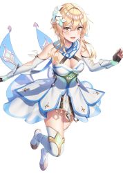 Rule 34 | 1girl, absurdres, bare shoulders, blonde hair, blush, boots, breasts, cleavage, commentary request, dress, flower, genshin impact, hair flower, hair ornament, highres, large breasts, looking at viewer, lumine (genshin impact), medium hair, parted lips, rankebu, smile, solo, thigh boots, thighhighs, thighs, white dress, white thighhighs, yellow eyes