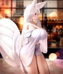 Rule 34 | 1girl, absurdres, animal ear fluff, animal ears, blue shorts, blurry, blurry background, breasts, cleavage, cowboy shot, dress, fox ears, fox girl, fox tail, highres, huge breasts, long hair, nicorima, off-shoulder dress, off shoulder, original, red eyes, shirt, shorts, solo, tail, white hair