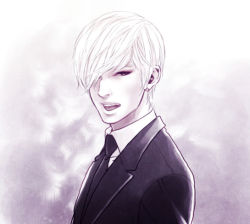 Rule 34 | 1boy, bigbang, daesung, earrings, fantastic baby, formal, hair over one eye, jewelry, k-pop, male focus, monochrome, musician, open mouth, solo, suit, white hair