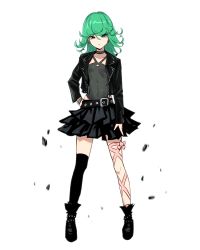 Rule 34 | 1girl, alternate costume, ankle boots, belt, black belt, black collar, black footwear, black leotard, black skirt, black thighhighs, boots, collar, curly hair, ear piercing, earrings, flat chest, floating rock, full body, green eyes, green hair, hair between eyes, hand on own hip, highres, jacket, jewelry, layered skirt, leather, leather jacket, leg ribbon, leotard, leotard under clothes, looking at viewer, medium hair, one-punch man, open clothes, open jacket, piercing, pink ribbon, poliwiloq, ribbon, simple background, single thighhigh, skirt, standing, studded collar, studded footwear, tatsumaki, thighhighs, thighs, white background