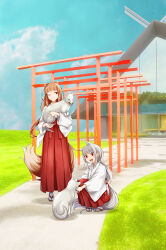 Rule 34 | 2girls, animal, animal ear fluff, animal ears, blunt bangs, extra ears, fox, grey hair, holding, holding animal, holo, japanese clothes, light brown hair, long hair, miko, mother and daughter, multiple girls, myuri (spice and wolf), official art, one eye closed, open mouth, red eyes, shrine, smile, spice and wolf, squatting, tabi, tail, torii, very long hair, wide sleeves, wolf ears, wolf girl, wolf tail