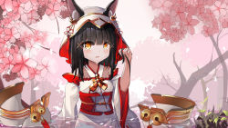 Rule 34 | 1girl, absurdres, animal ear fluff, animal ears, azur lane, bare shoulders, bell, black hair, blunt bangs, blush, breasts, cherry blossoms, crying, crying with eyes open, detached sleeves, dress, flower, hair ornament, hat, highres, holding, holding own hair, ilias 005, japanese clothes, kimono, looking at viewer, medium hair, nagato (azur lane), nagato (great fox&#039;s white gown) (azur lane), open mouth, ribbon, small breasts, solo, tagme, tears, tree, tsunokakushi, uchikake, x hair ornament, yellow eyes