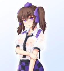 Rule 34 | 1girl, bad id, bad nijie id, breasts, brown hair, checkered clothes, checkered skirt, covered erect nipples, cowboy shot, expressionless, frilled shirt collar, frills, hair ribbon, hand on own arm, hat, himekaidou hatate, holding own arm, isaki (gomi), looking at viewer, medium breasts, nipples, no bra, puffy short sleeves, puffy sleeves, purple background, purple eyes, purple hat, purple ribbon, ribbon, see-through, short hair, short sleeves, short twintails, simple background, skirt, solo, tokin hat, touhou, twintails, wet, wet clothes