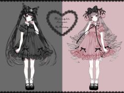 Rule 34 | 1055, 2girls, :o, absurdres, animal ears, bare arms, black bow, black dress, black eyes, black flower, black footwear, black hair, black nails, black ribbon, black rose, blunt bangs, border, bow, brooch, cat ears, character name, cross-laced clothes, dress, drill hair, ear ribbon, english text, fingernails, flower, frilled dress, frilled legwear, frills, full body, gem, gothic lolita, grey background, grey hair, hair ornament, hand up, head tilt, heart, heart brooch, highres, holding, holding flower, jewelry, kuromi, lace, lace-trimmed bow, lace-trimmed dress, lace trim, lolita fashion, long fingernails, long hair, looking at viewer, mary janes, matching outfits, multiple girls, my melody, nail polish, neck ribbon, onegai my melody, parted lips, personification, pink dress, puffy short sleeves, puffy sleeves, rabbit ears, ribbon, rose, sanrio, shoes, short sleeves, sidelocks, simple background, skull hair ornament, socks, standing, straight hair, sweet lolita, symmetrical pose, twin drills, twintails, very long hair, white flower, white rose