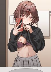 Rule 34 | 1girl, bad id, bad twitter id, blush, bra, bra lift, breasts, cellphone, clothes lift, flashing, hair ornament, hairclip, highres, higuchi madoka, idolmaster, idolmaster shiny colors, lace, lace-trimmed bra, lace trim, long sleeves, looking at viewer, md5 mismatch, mirror, mole, mole under eye, navel, nipples, phone, pink eyes, red hair, selfie, shirt, shirt lift, short hair, skirt, small breasts, smartphone, solo, standing, sweat, takio (kani sama), underwear