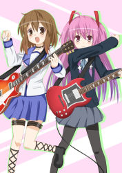 Rule 34 | 2girls, ahoge, angel beats!, ankle lace-up, bad id, bad pixiv id, belt, blazer, brown eyes, brown hair, choker, cosplay, costume switch, cross, cross-laced footwear, crossover, guitar, hair ornament, hairclip, highres, hirasawa yui, hirasawa yui (cosplay), hisae (hisae collect), instrument, jacket, k-on!, long hair, multiple girls, name connection, open mouth, pantyhose, pink eyes, pink hair, plectrum, school uniform, serafuku, short hair, short twintails, skirt, thigh strap, twintails, two side up, yui (angel beats!), yui (angel beats!) (cosplay)