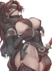 Rule 34 | 1girl, abs, absurdres, assassin, bandage over one eye, bandaged arm, bandaged head, bandages, black thighhighs, breasts, brown gloves, brown hair, brown scarf, cameltoe, closed mouth, covered abs, covered erect nipples, covered navel, eyelashes, fingerless gloves, gloves, highres, katana, kuromoro, long eyelashes, long hair, looking at viewer, ninja, nipple slip, nipples, o-ring, orange eyes, original, pink lips, ponytail, scabbard, scarf, see-through, sheath, sheathed, simple background, skull print, solo, sword, thighhighs, torn, torn clothes, very long hair, weapon, white background