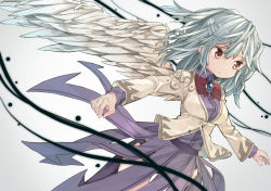Rule 34 | 1girl, aoi kujira, belt, black panties, bow, bowtie, breasts, brooch, buttons, dress, feathered wings, jacket, jewelry, kishin sagume, lace, lace-trimmed panties, lace trim, long sleeves, medium breasts, panties, pleated dress, purple dress, purple skirt, red bow, red bowtie, red eyes, short dress, silver hair, single wing, skirt, solo, thighs, touhou, underwear, white wings, wings