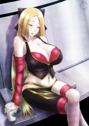 Rule 34 | 1girl, asymmetrical clothes, bare shoulders, black bow, blonde hair, blush, borrowed character, bow, breasts, brown eyes, cilica, cleavage, coffee, collarbone, crossed legs, cup, detached sleeves, hair bow, highres, huge breasts, large breasts, long hair, long sleeves, looking away, ms.siro, navel, parted bangs, parted lips, sitting, solo, starbucks, stomach, very long hair