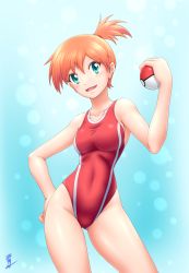 Rule 34 | 1girl, aozame takao, blue background, competition swimsuit, contrapposto, cowboy shot, creatures (company), female focus, game freak, gluteal fold, gradient background, gym leader, hand on own hip, highres, looking at viewer, misty (pokemon), nintendo, one-piece swimsuit, open mouth, orange hair, poke ball, poke ball (basic), pokemon, pokemon hgss, pokemon rgby, print swimsuit, red one-piece swimsuit, short hair, side ponytail, signature, solo, standing, swimsuit, thighs