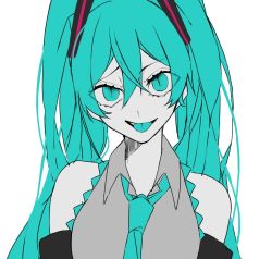 Rule 34 | 1girl, :p, aqua eyes, aqua hair, aqua necktie, bare shoulders, collared shirt, crypton future media, detached sleeves, eiku, eyes visible through hair, hair between eyes, hatsune miku, long hair, looking at viewer, necktie, open mouth, piapro, shirt, sleeveless, sleeveless shirt, slit pupils, smile, solo, tongue, tongue out, twintails, upper body, vocaloid, white background